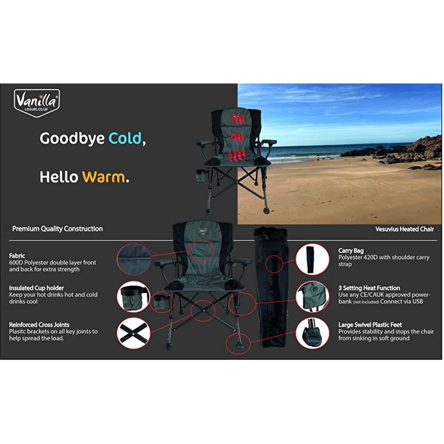 Vanilla Leisure Vesuvius Folding Heated Camping Chair + FREE Power Bank 3 Vanilla Leisure Vesuvius Folding Heated Camping Chair + FREE Power Bank - Image 3